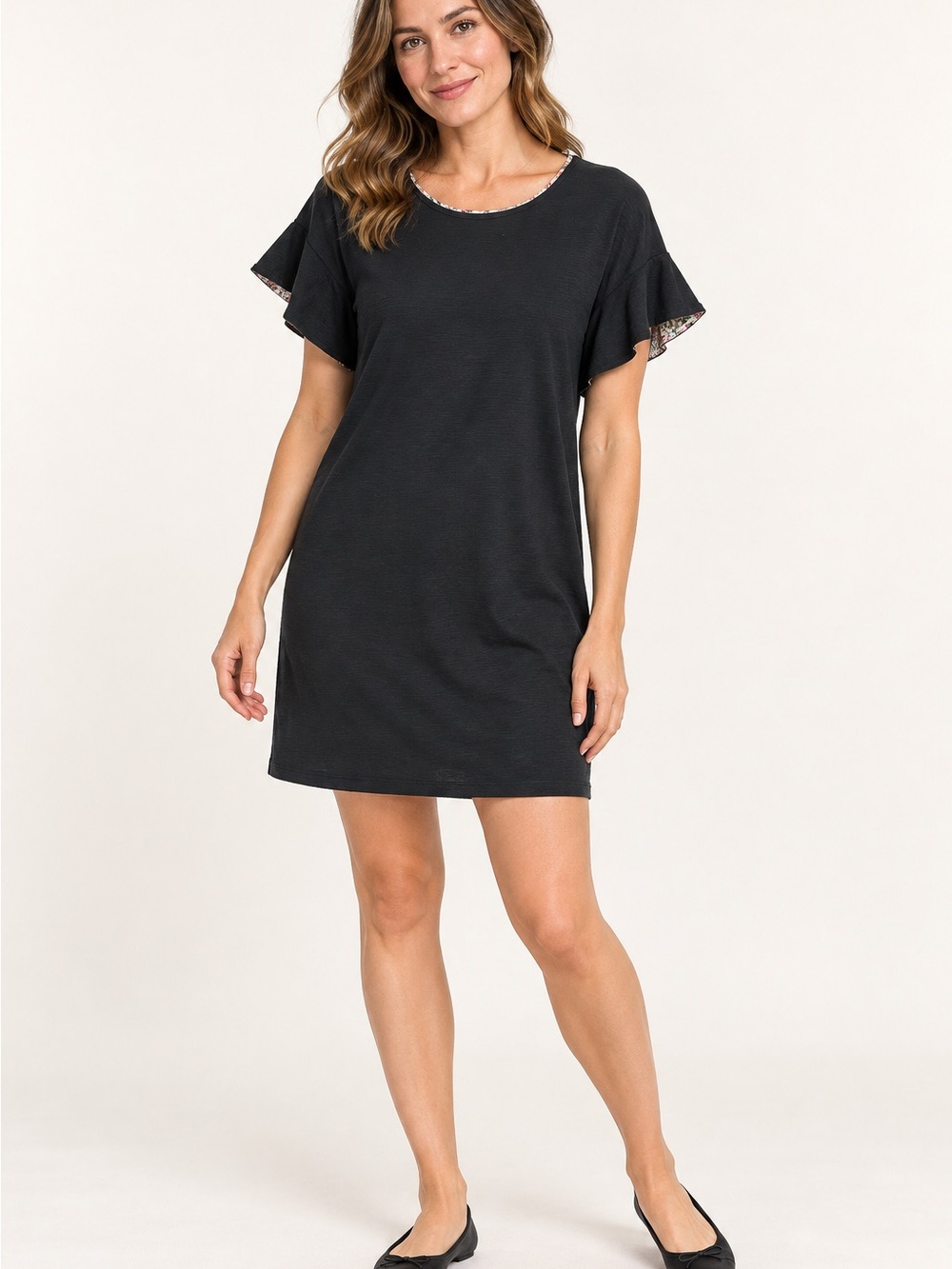 Heyton Navy Blue Textured Shift Dress Women’s Small Floral Trim Flutter Sleeves
